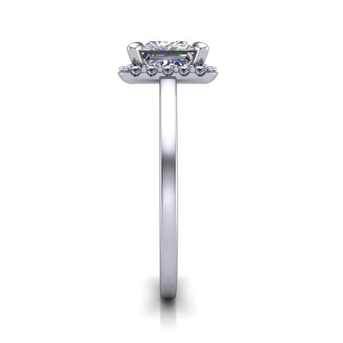 Esmeralda princess halo engagement ring in 14K White Gold, side profile showing the plain polished band and the filigree gallery in profile