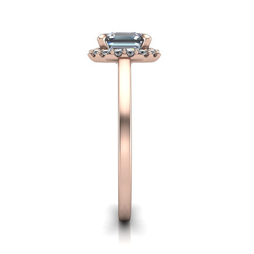 Esmeralda square emerald halo engagement ring in 14K Rose Gold, side profile showing the plain polished band and the filigree gallery in profile