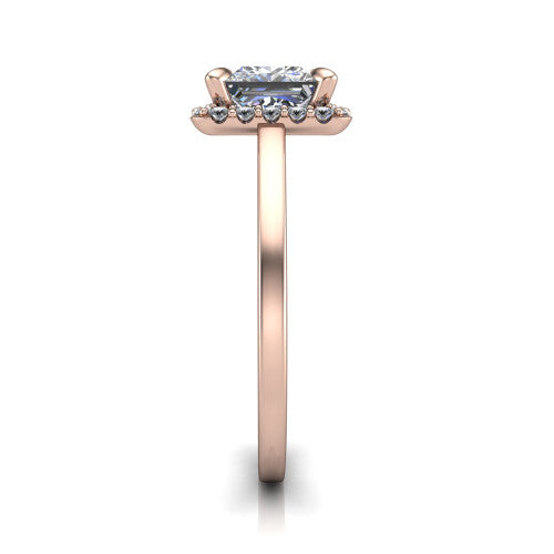 Esmeralda princess halo engagement ring in 18K Rose Gold, side profile showing the plain polished band and the filigree gallery in profile