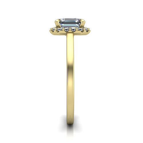 Esmeralda square emerald halo engagement ring in 14K Yellow Gold, side profile showing the plain polished band and the filigree gallery in profile