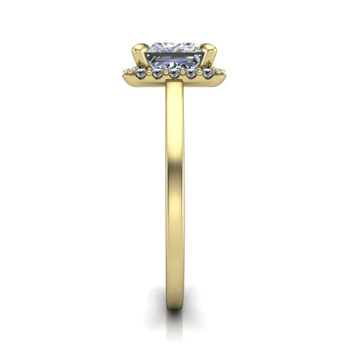 Esmeralda princess halo engagement ring in 14K Yellow Gold, side profile showing the plain polished band and the filigree gallery in profile
