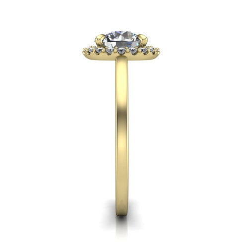 Esmeralda round halo engagement ring in 14K Yellow Gold, side profile showing the plain polished band and the filigree gallery in profile