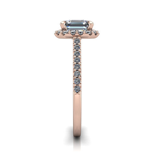 Birdie square emerald halo engagement ring in 14K Rose Gold, side profile showing the pavé band and the filigree gallery in profile