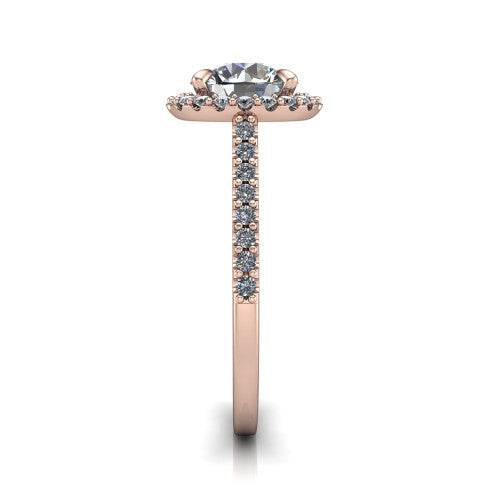 Birdie round halo engagement ring in 14K Rose Gold, side profile showing the pavé band and the filigree gallery in profile
