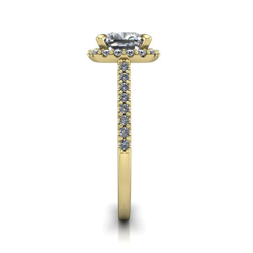 Birdie cushion halo engagement ring in 18K Yellow Gold, side profile showing the pavé band and the filigree gallery in profile