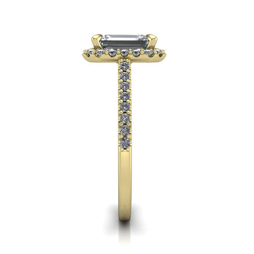 Birdie emerald halo engagement ring in 14K Yellow Gold, side profile showing the pavé band and the filigree gallery in profile
