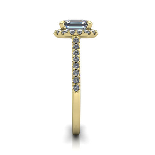 Birdie square emerald halo engagement ring in 14K Yellow Gold, side profile showing the pavé band and the filigree gallery in profile