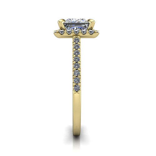 Birdie princess halo engagement ring in 18K Yellow Gold, side profile showing the pavé band and the filigree gallery in profile