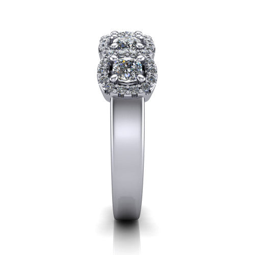 Shiloh cushion five stone halo band engagement ring in Platinum, side profile showing the milgrain halo band and the pavé shoulders in profile