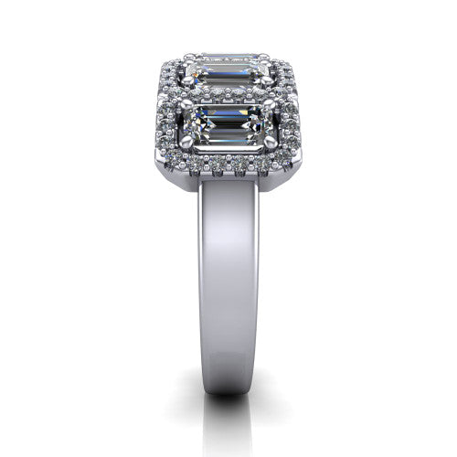 Shiloh emerald five stone halo band engagement ring in 18K White Gold, side profile showing the milgrain halo band and the pavé shoulders in profile