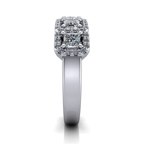 Shiloh princess five stone halo band engagement ring in 18K White Gold, side profile showing the milgrain halo band and the pavé shoulders in profile