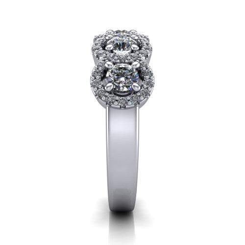 Shiloh round five stone halo band engagement ring in Platinum, side profile showing the milgrain halo band and the pavé shoulders in profile