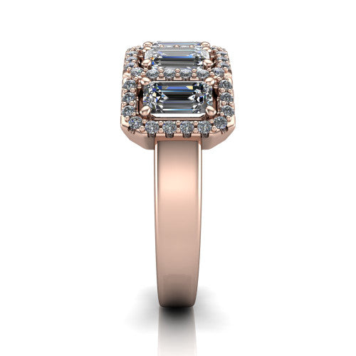 Shiloh emerald five stone halo band engagement ring in 18K Rose Gold, side profile showing the milgrain halo band and the pavé shoulders in profile