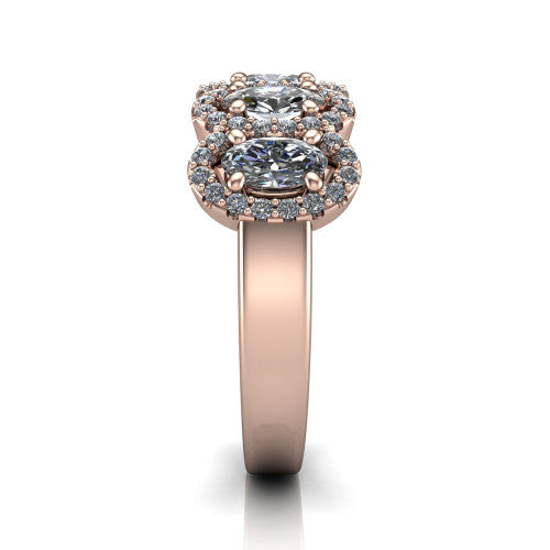 Shiloh oval five stone halo band engagement ring in 18K Rose Gold, side profile showing the milgrain halo band and the pavé shoulders in profile