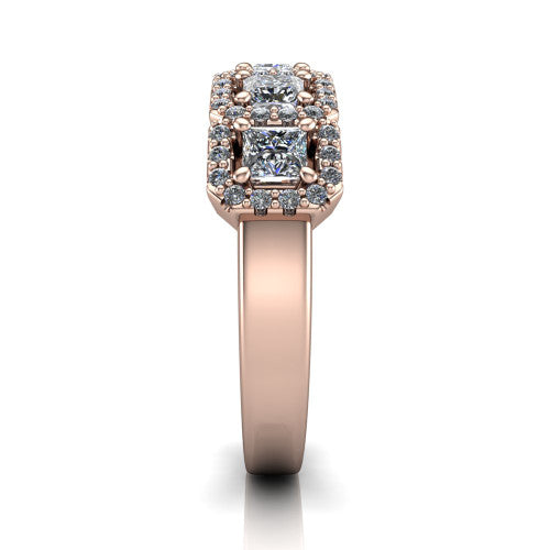 Shiloh princess five stone halo band engagement ring in 18K Rose Gold, side profile showing the milgrain halo band and the pavé shoulders in profile