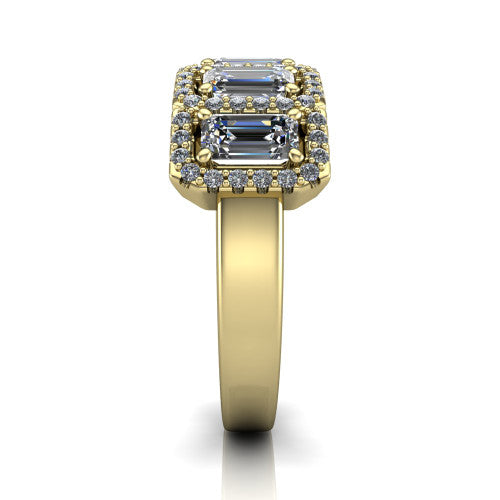 Shiloh emerald five stone halo band engagement ring in 18K Yellow Gold, side profile showing the milgrain halo band and the pavé shoulders in profile