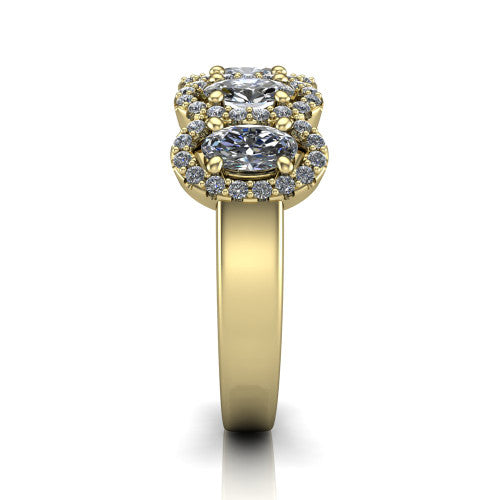 Shiloh oval five stone halo band engagement ring in 14K Yellow Gold, side profile showing the milgrain halo band and the pavé shoulders in profile