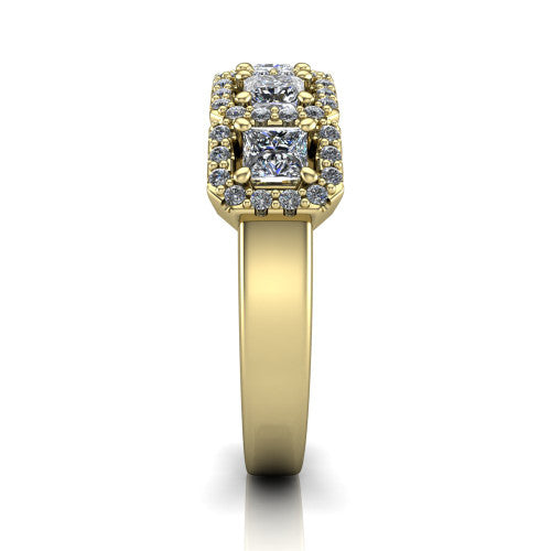 Shiloh princess five stone halo band engagement ring in 14K Yellow Gold, side profile showing the milgrain halo band and the pavé shoulders in profile