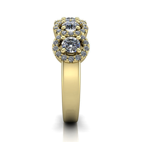 Shiloh round five stone halo band engagement ring in 14K Yellow Gold, side profile showing the milgrain halo band and the pavé shoulders in profile