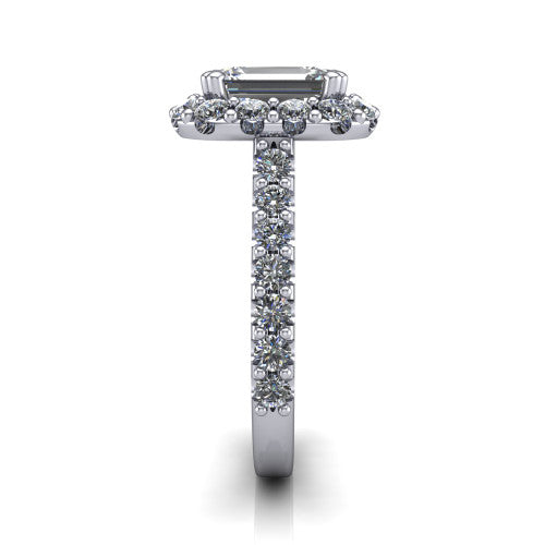 Hattie emerald halo engagement ring in 14K White Gold with squared pavé halo and pavé band, side profile showing the pavé band and squared halo
