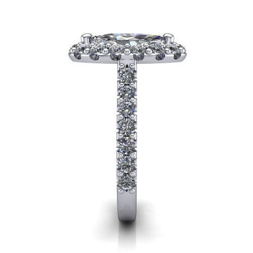 Hattie marquise halo engagement ring in 14K White Gold with squared pavé halo and pavé band, side profile showing the pavé band and squared halo