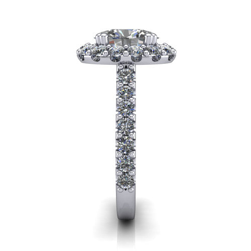 Hattie oval halo engagement ring in Platinum with squared pavé halo and pavé band, side profile showing the pavé band and squared halo
