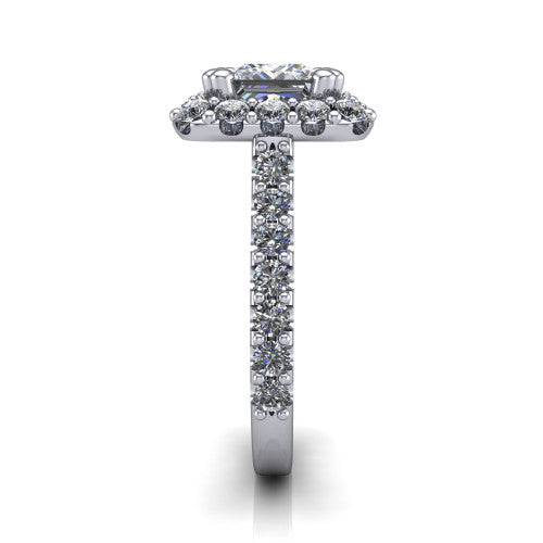 Hattie princess halo engagement ring in Platinum with squared pavé halo and pavé band, side profile showing the pavé band and squared halo