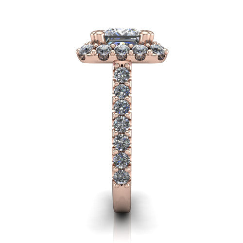 Hattie princess halo engagement ring in 18K Rose Gold with squared pavé halo and pavé band, side profile showing the pavé band and squared halo