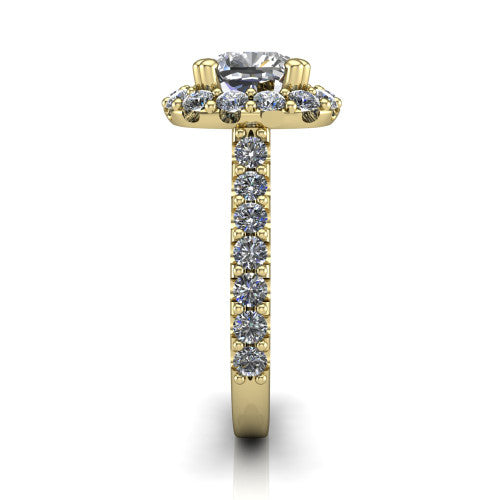 Hattie cushion halo engagement ring in 14K Yellow Gold with squared pavé halo and pavé band, side profile showing the pavé band and squared halo