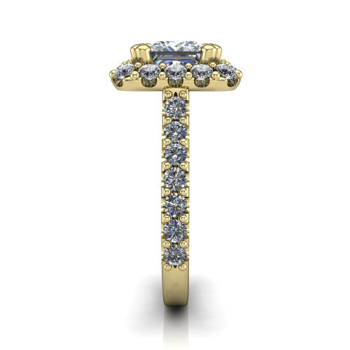 Hattie princess halo engagement ring in 14K Yellow Gold with squared pavé halo and pavé band, side profile showing the pavé band and squared halo