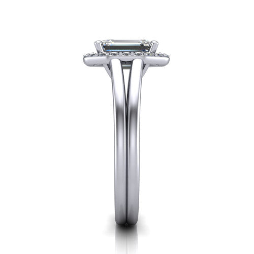 Regina emerald halo engagement ring in 18K White Gold with squared pavé halo and plain split shank, side profile showing the plain split shank