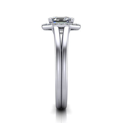 Regina asscher halo engagement ring in 14K White Gold with squared pavé halo and plain split shank, side profile showing the plain split shank