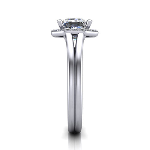 Regina princess halo engagement ring in Platinum with squared pavé halo and plain split shank, side profile showing the plain split shank