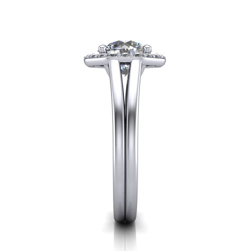 Regina round halo engagement ring in 14K White Gold with squared pavé halo and plain split shank, side profile showing the plain split shank