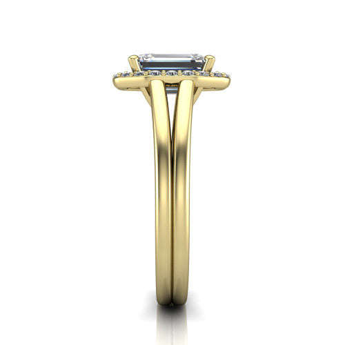 Regina emerald halo engagement ring in 18K Yellow Gold with squared pavé halo and plain split shank, side profile showing the plain split shank