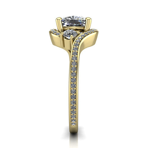 Sawyer cushion halo engagement ring in 14K Yellow Gold with squared pavé halo and bypass pavé shank, side profile showing the bypass pavé shank