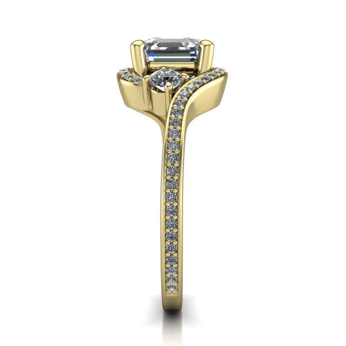 Sawyer asscher halo engagement ring in 18K Yellow Gold with squared pavé halo and bypass pavé shank, side profile showing the bypass pavé shank
