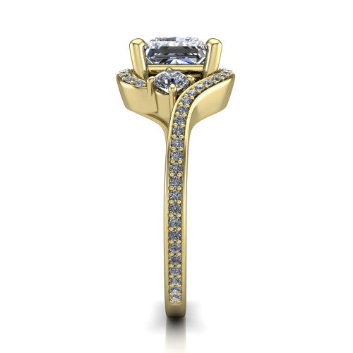 Sawyer princess halo engagement ring in 18K Yellow Gold with squared pavé halo and bypass pavé shank, side profile showing the bypass pavé shank