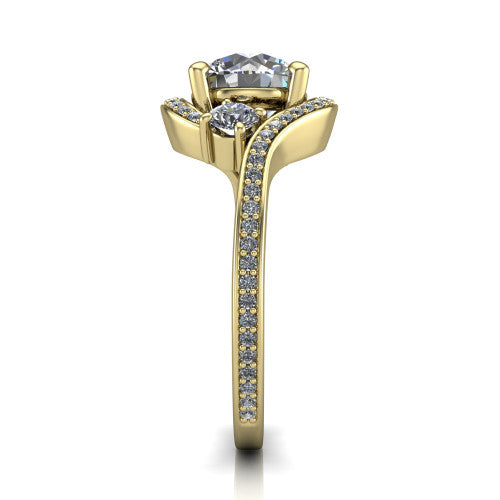 Sawyer round halo engagement ring in 18K Yellow Gold with squared pavé halo and bypass pavé shank, side profile showing the bypass pavé shank