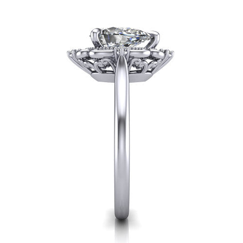 Gracelyn pear halo engagement ring in 18K White Gold, side profile showing the carved scrollwork halo frame and the polished band