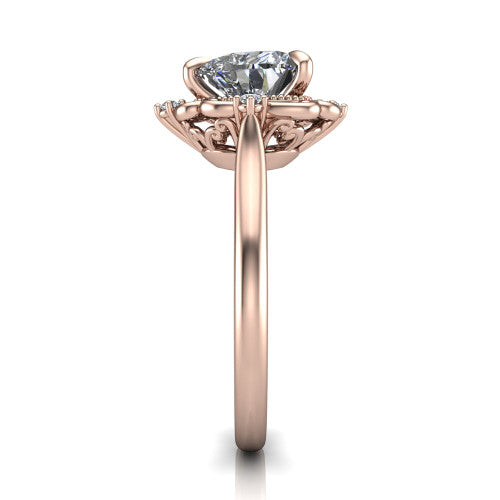 Gracelyn heart halo engagement ring in 14K Rose Gold, side profile showing the carved scrollwork halo frame and the polished band