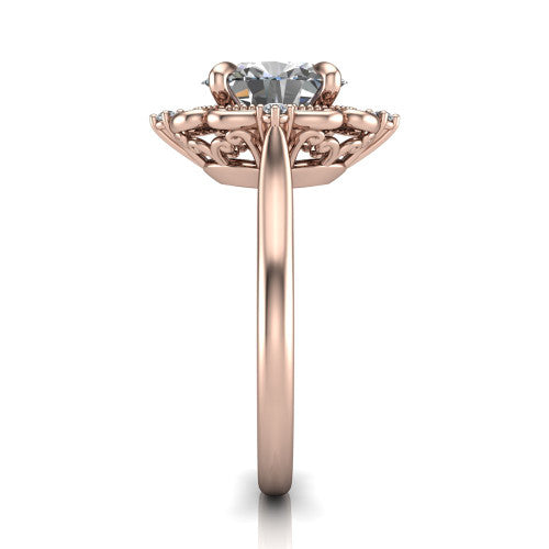 Gracelyn oval halo engagement ring in 18K Rose Gold, side profile showing the carved scrollwork halo frame and the polished band