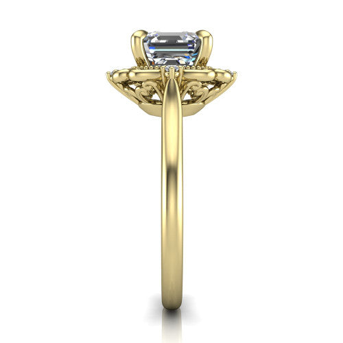 Gracelyn asscher halo engagement ring in 18K Yellow Gold, side profile showing the carved scrollwork halo frame and the polished band