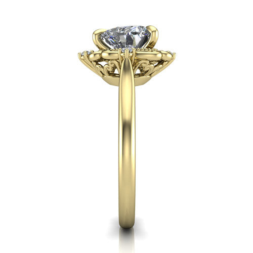 Gracelyn heart halo engagement ring in 18K Yellow Gold, side profile showing the carved scrollwork halo frame and the polished band