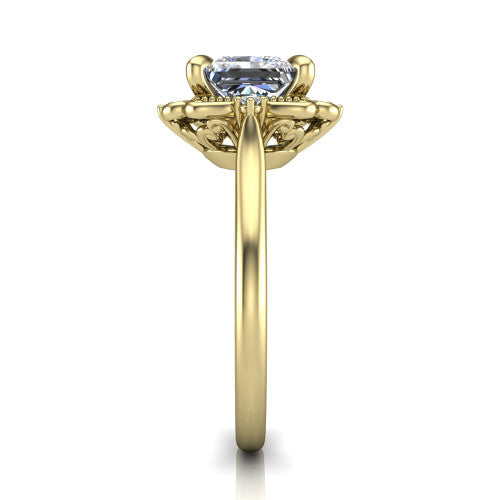 Gracelyn princess halo engagement ring in 18K Yellow Gold, side profile showing the carved scrollwork halo frame and the polished band