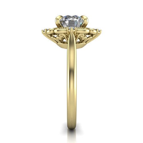 Gracelyn round halo engagement ring in 14K Yellow Gold, side profile showing the carved scrollwork halo frame and the polished band