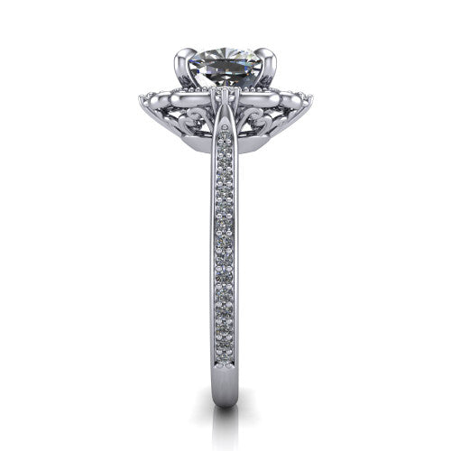Remington cushion vintage halo engagement ring in 18K White Gold with ornate floral filigree halo and pavé band, side profile showing the pavé band and floral halo