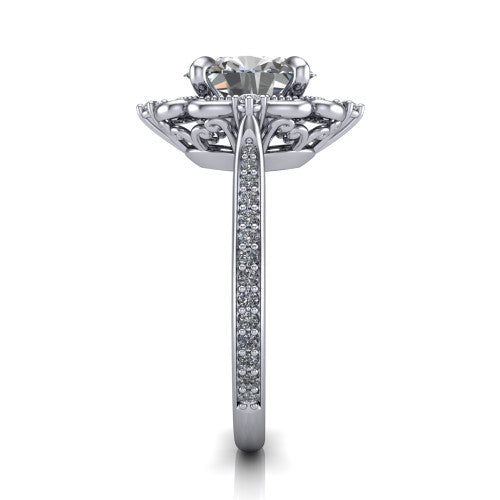 Remington oval vintage halo engagement ring in Platinum with ornate floral filigree halo and pavé band, side profile showing the pavé band and floral halo