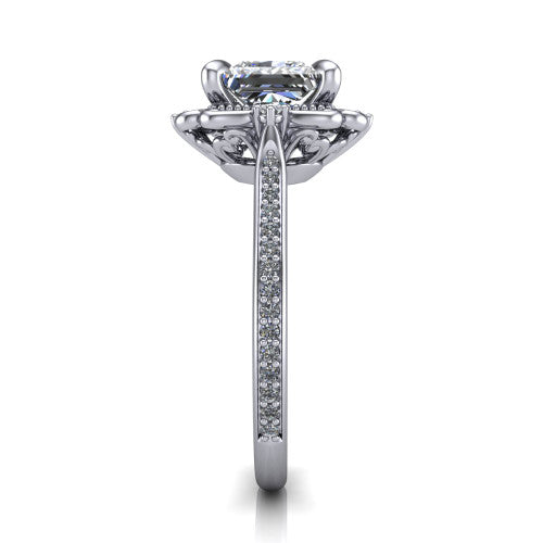 Remington princess vintage halo engagement ring in Platinum with ornate floral filigree halo and pavé band, side profile showing the pavé band and floral halo