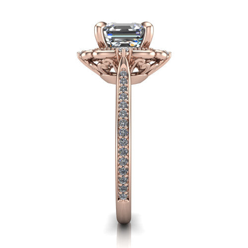 Remington asscher vintage halo engagement ring in 14K Rose Gold with ornate floral filigree halo and pavé band, side profile showing the pavé band and floral halo